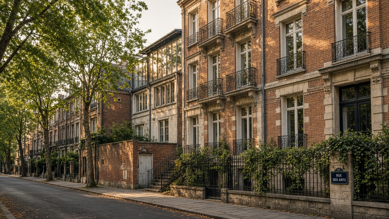 Façades d'immeubles anciens et ateliers d'artistes à Montreuil
